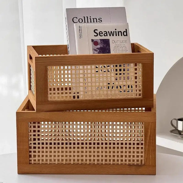 Boîte de Rangement Bois & Cannage Rotin — Organiseur Bureau & Salon