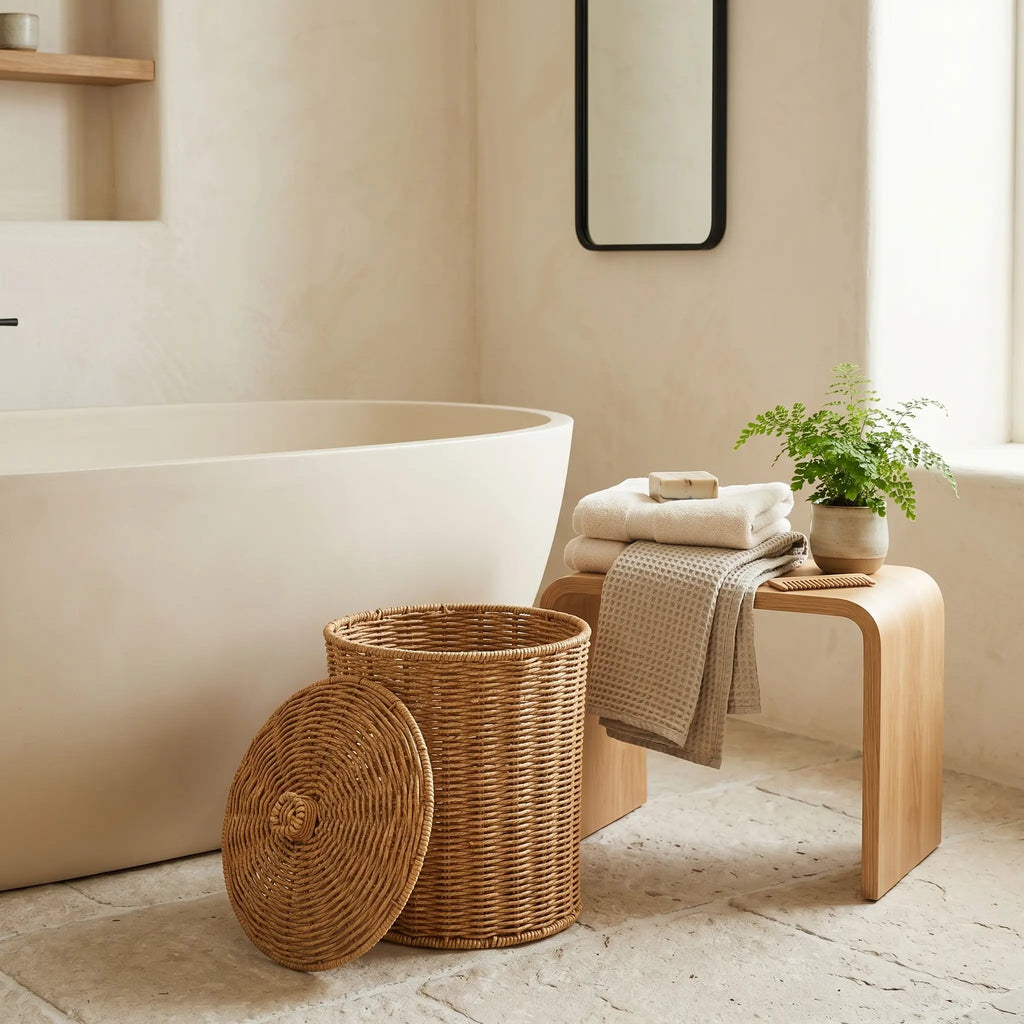 Panier à Linge en Rotin — Corbeille avec Couvercle