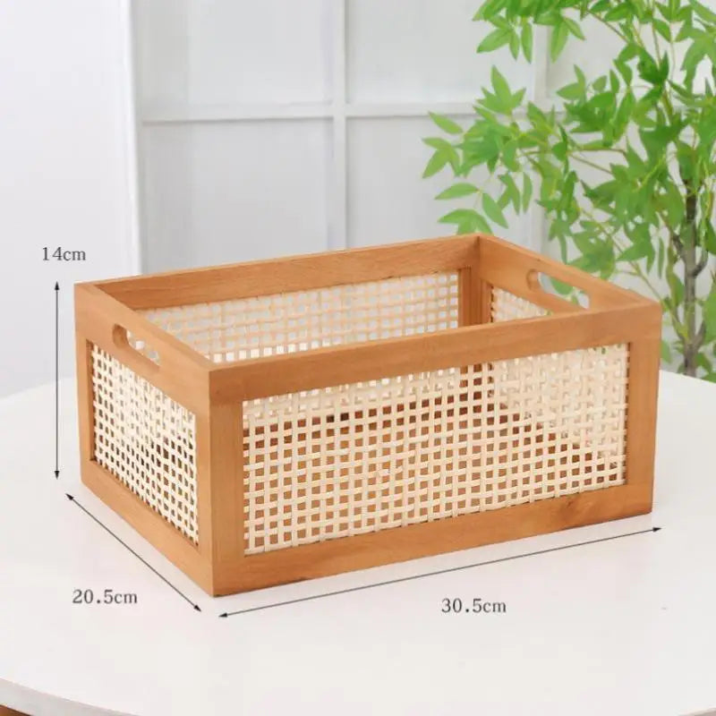Boîte de Rangement Bois & Cannage Rotin — Organiseur Bureau & Salon