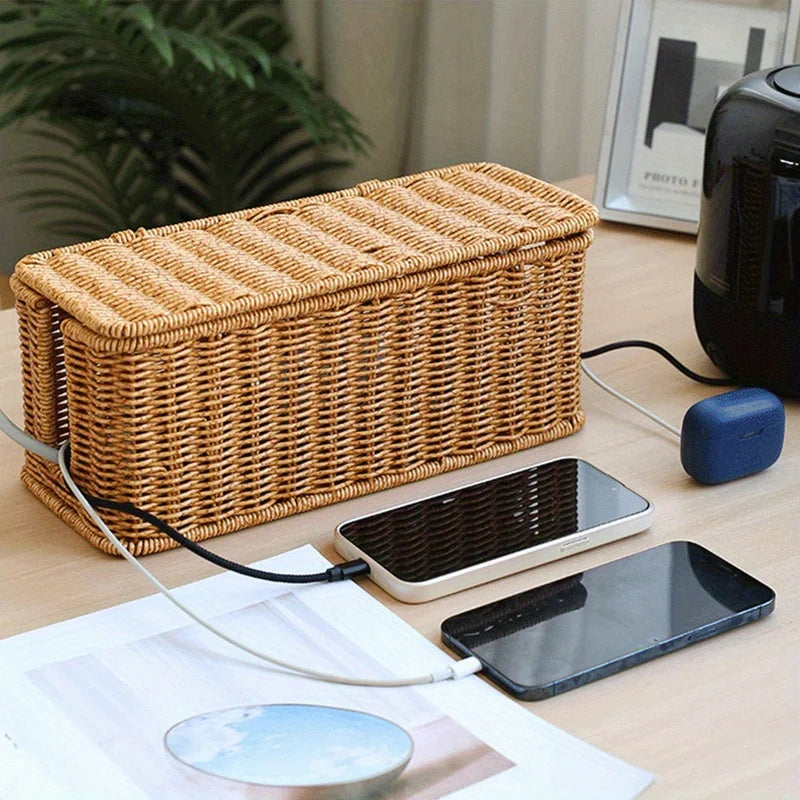 Boîte de Rangement Rotin — Organiseur Câbles & Accessoires