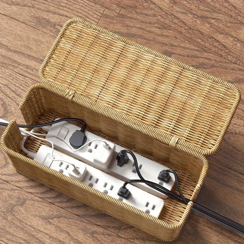 Boîte de Rangement Rotin — Organiseur Câbles & Accessoires