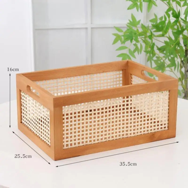 Boîte de Rangement Bois & Cannage Rotin — Organiseur Bureau & Salon