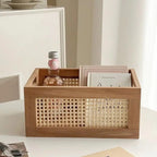 Boîte de Rangement Bois & Cannage Rotin — Organiseur Bureau & Salon