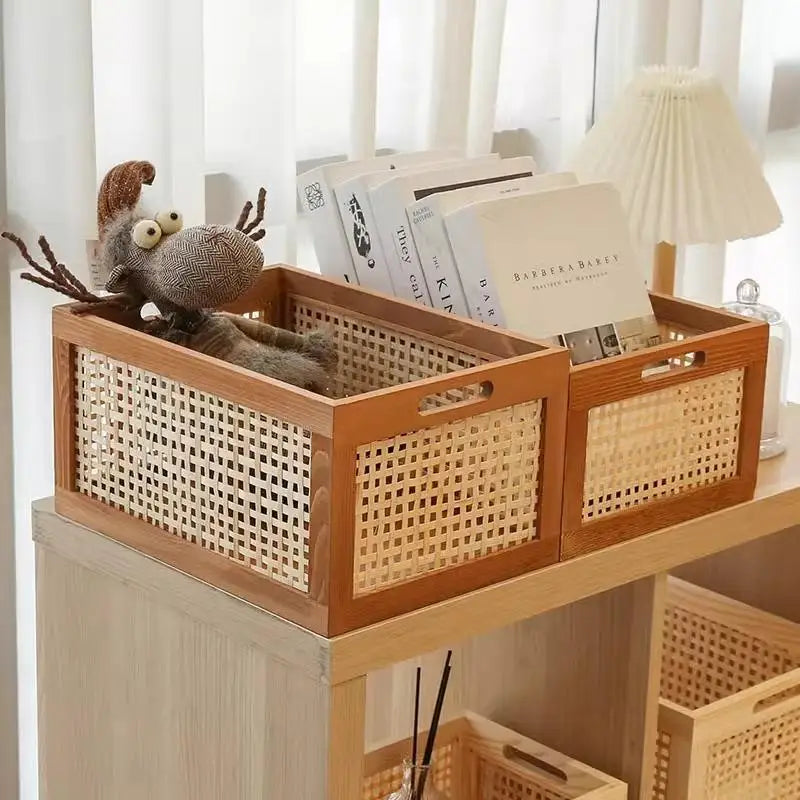 Boîte de Rangement Bois & Cannage Rotin — Organiseur Bureau & Salon