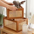 Boîte de Rangement Bois & Cannage Rotin — Organiseur Bureau & Salon