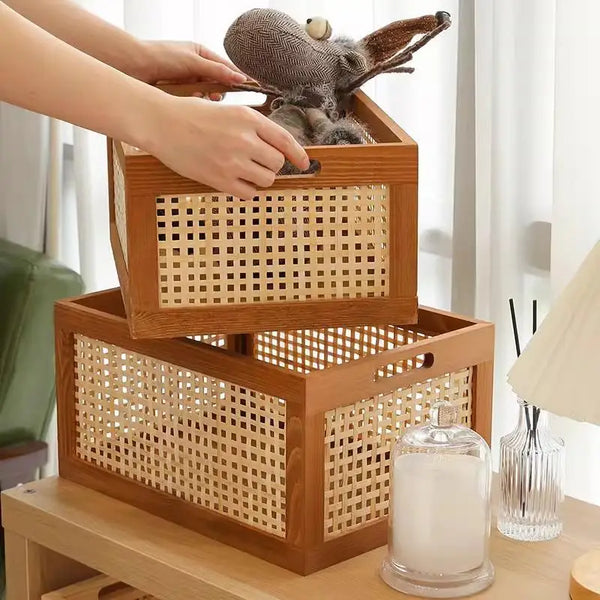 Boîte de Rangement Bois & Cannage Rotin — Organiseur Bureau & Salon
