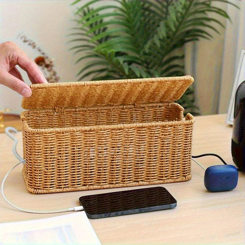 Boîte de Rangement Rotin — Organiseur Câbles & Accessoires