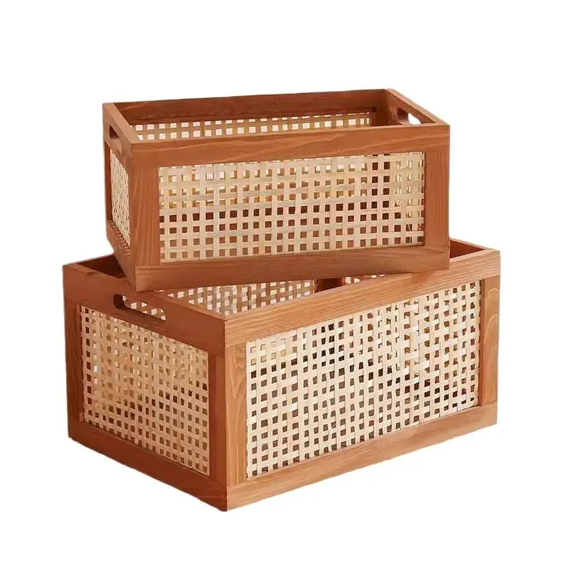 Boîte de Rangement Bois & Cannage Rotin — Organiseur Bureau & Salon