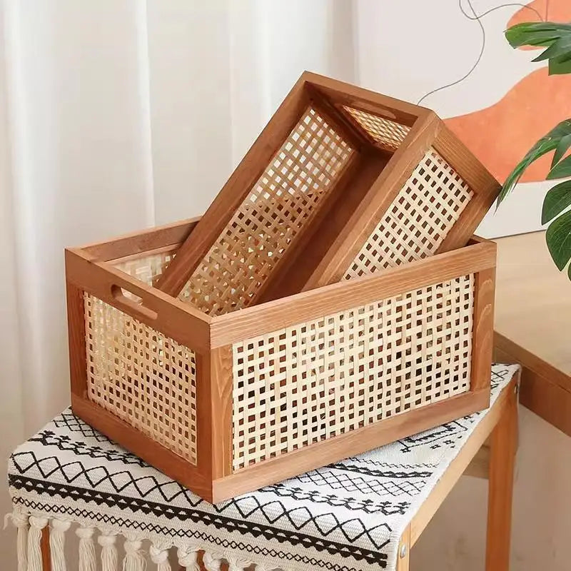 Boîte de Rangement Bois & Cannage Rotin — Organiseur Bureau & Salon