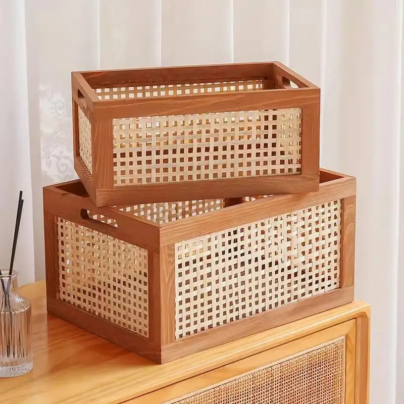Boîte de Rangement Bois & Cannage Rotin — Organiseur Bureau & Salon