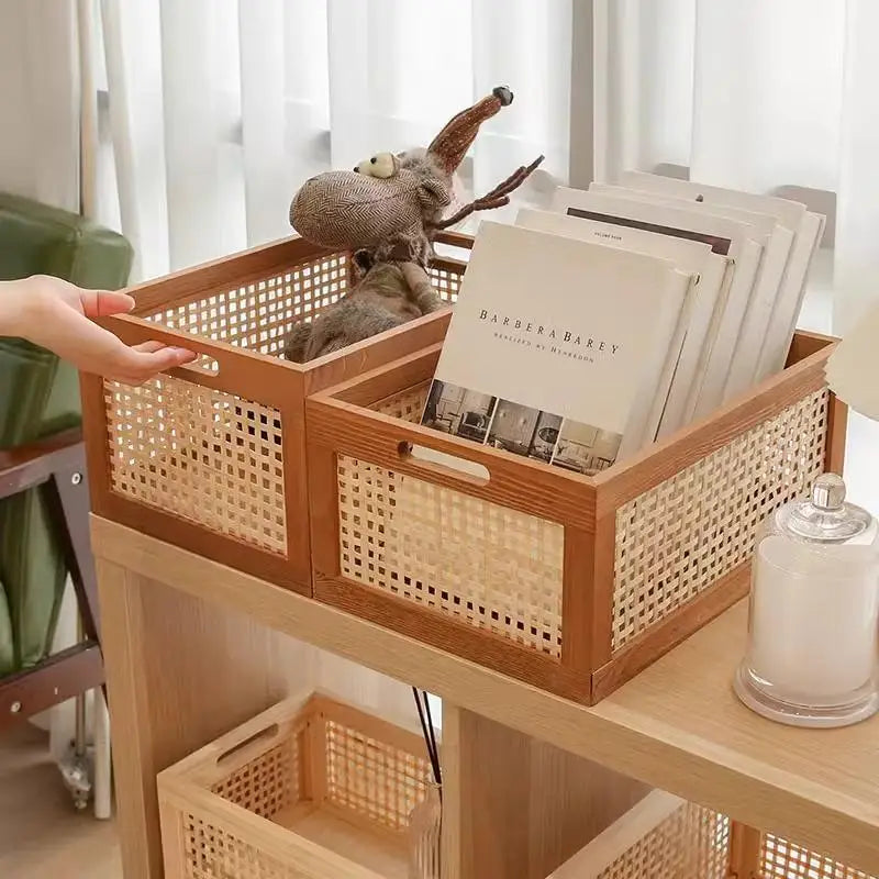Boîte de Rangement Bois & Cannage Rotin — Organiseur Bureau & Salon