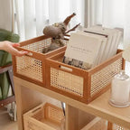 Boîte de Rangement Bois & Cannage Rotin — Organiseur Bureau & Salon