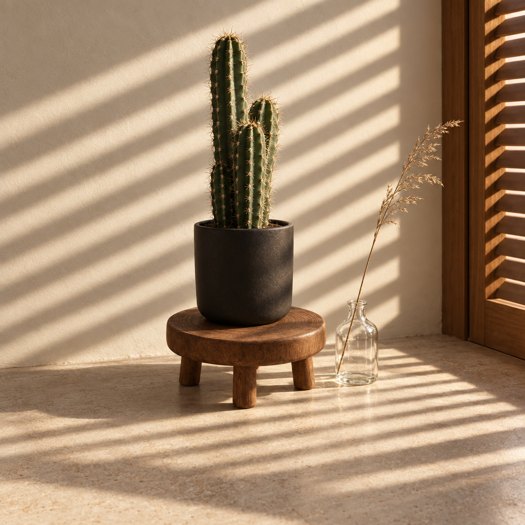 Support plante MIKO en bois massif marron avec un cactus, au soleil