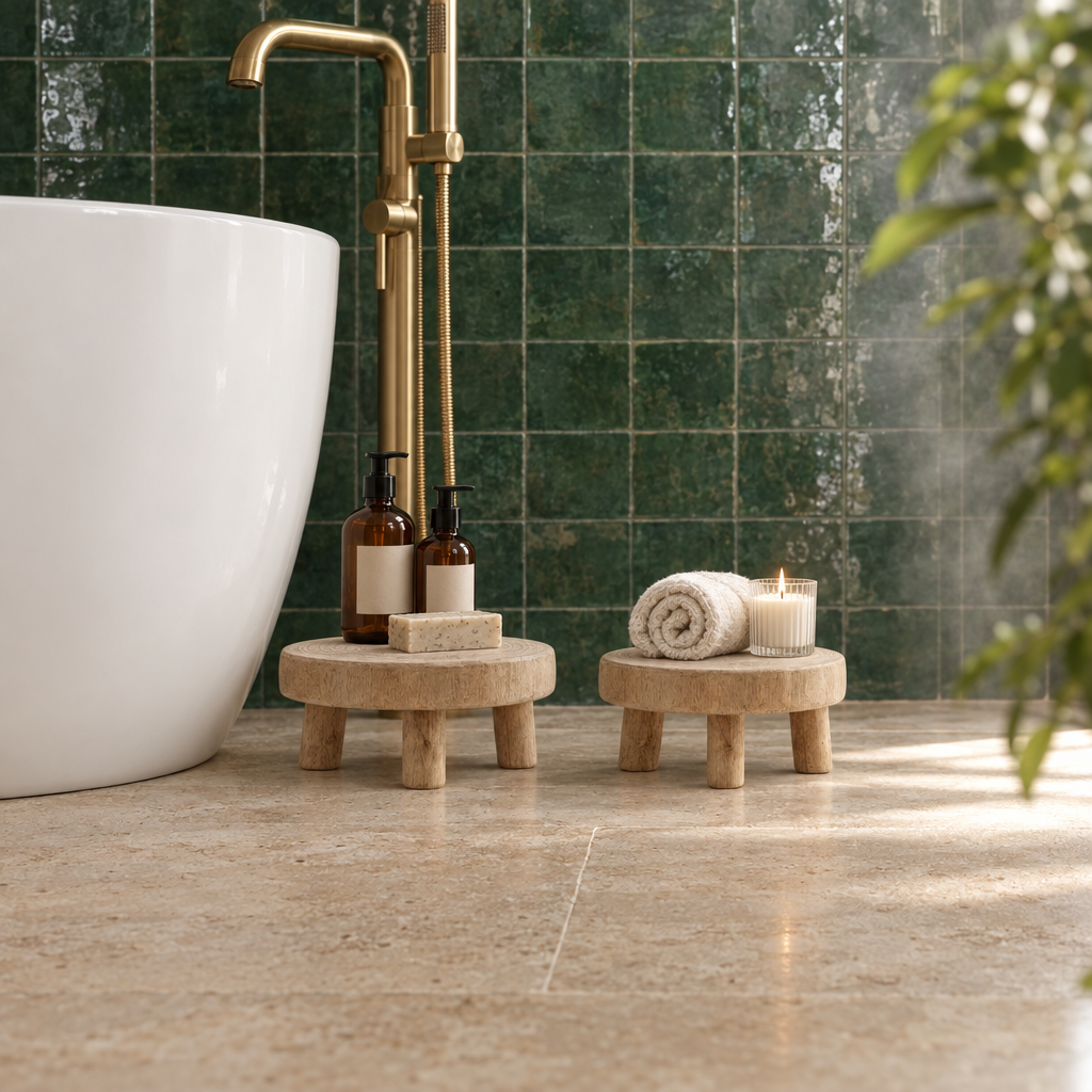 Deux supports MIKO en bois massif au pied d'une baignoire, avec flacons, savon, serviette et bougie