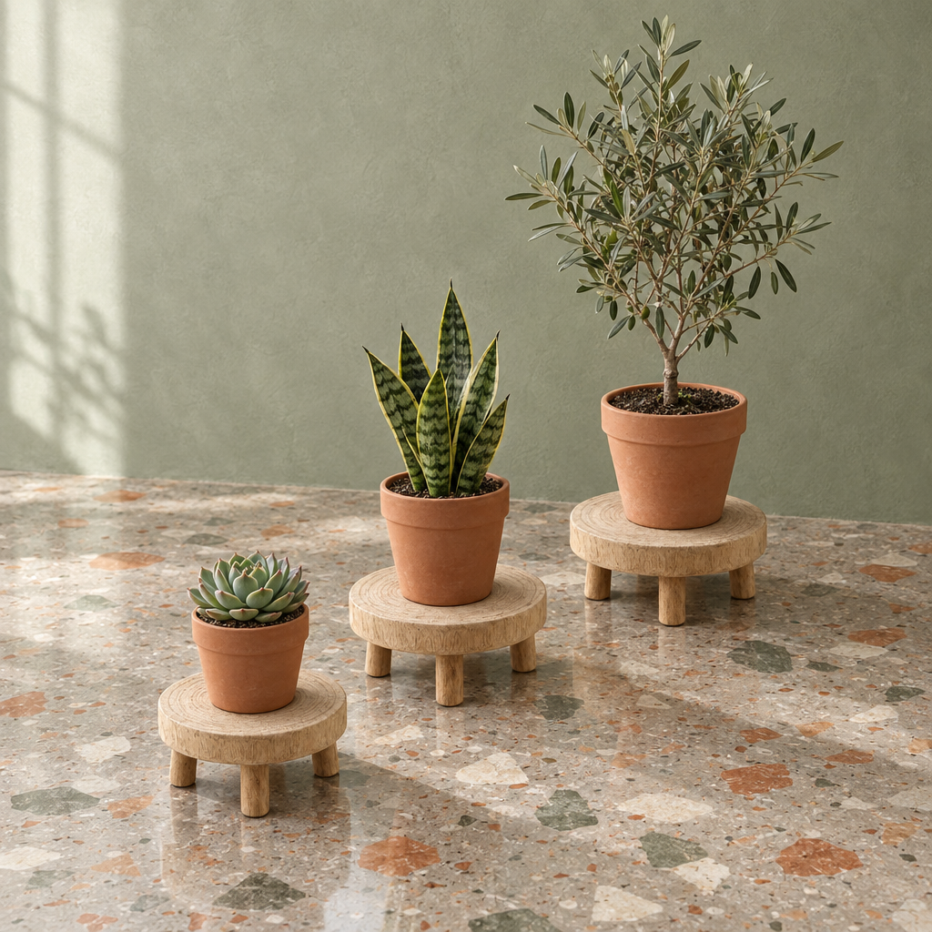 Supports plante MIKO en bois massif, tailles S, M et L, avec plantes en pots terre cuite