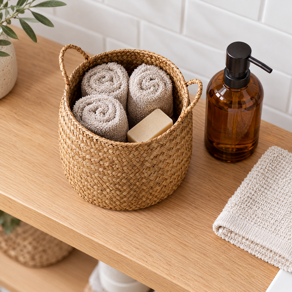 Panier HAKO utilisé pour ranger des serviettes dans une salle de bain