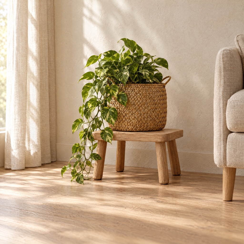 Cache-pot HAKO avec un pothos posé sur le tabouret KOJI dans un salon