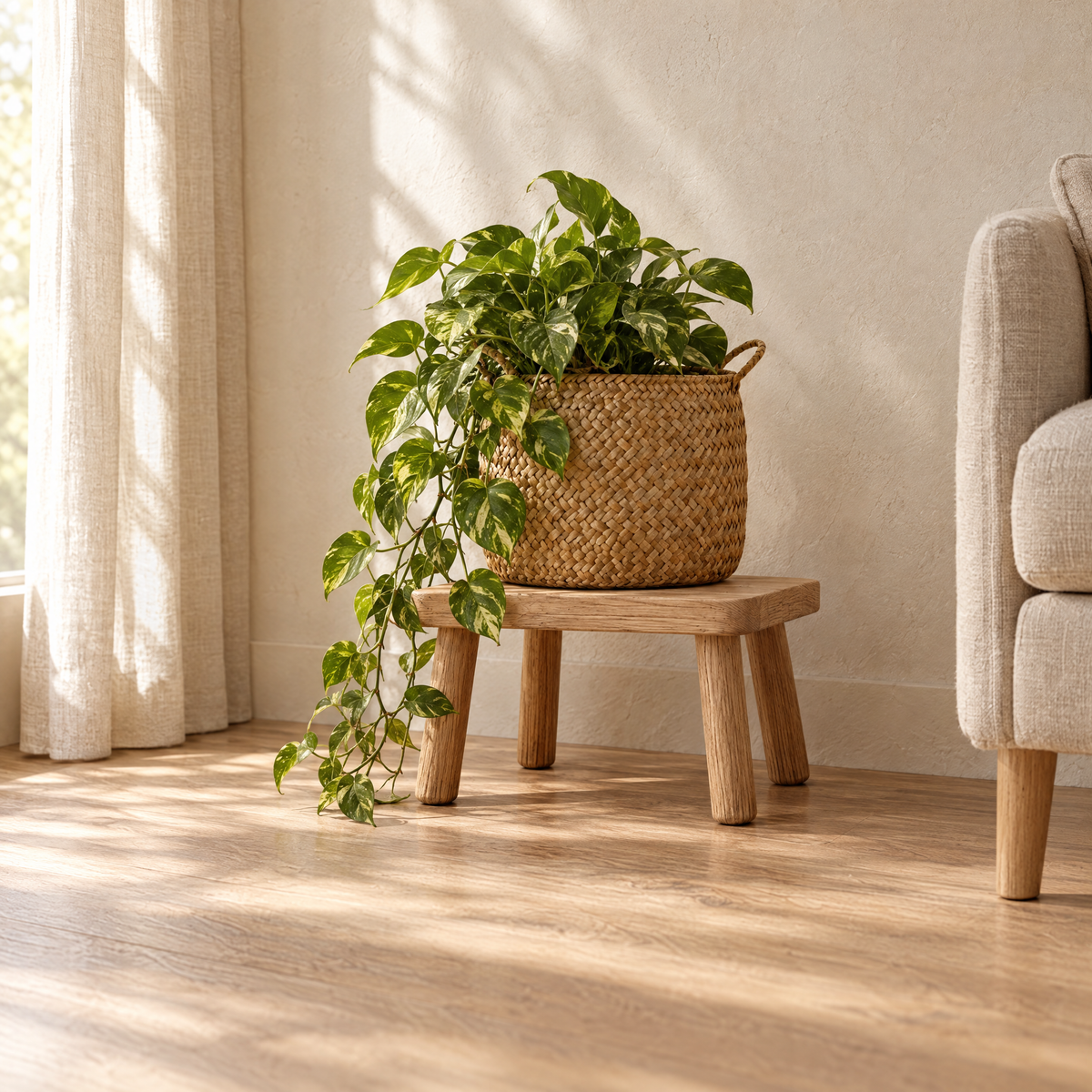 Cache-pot HAKO avec un pothos posé sur le tabouret KOJI dans un salon