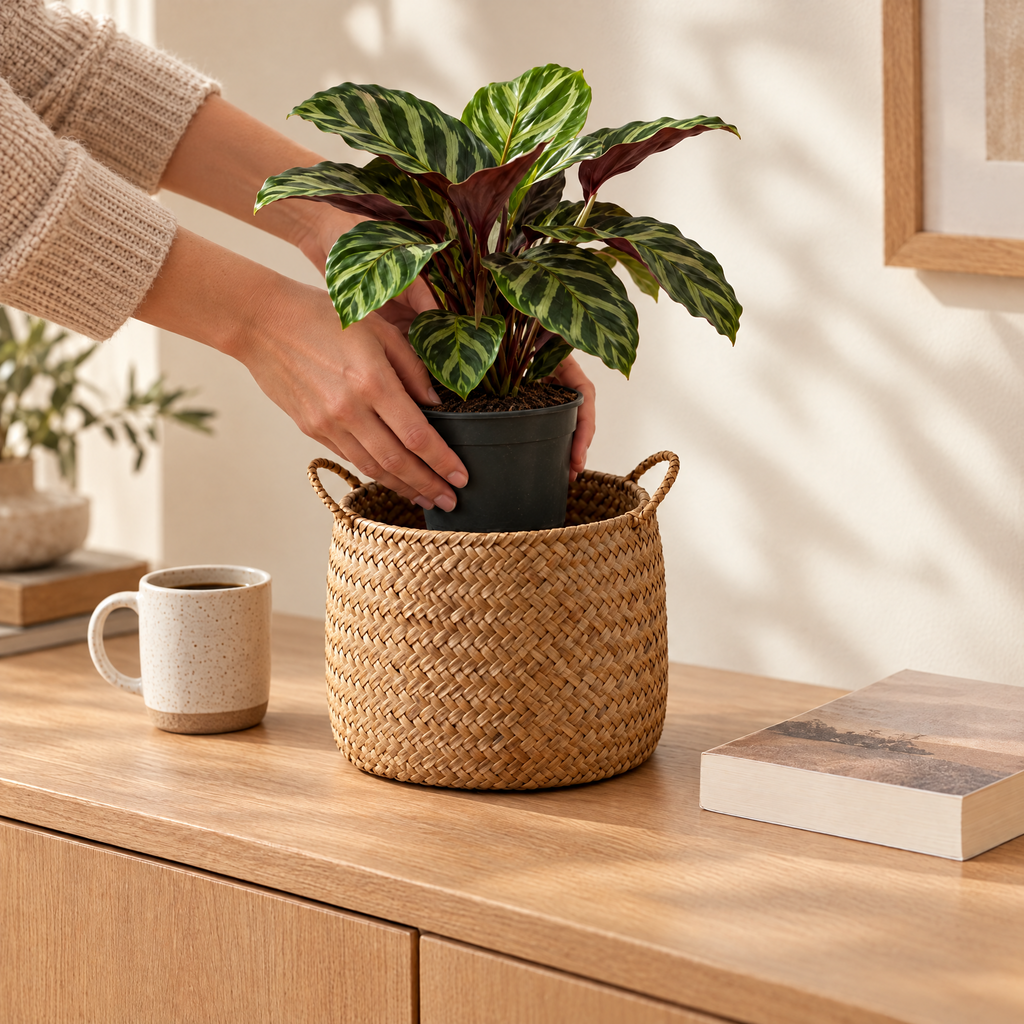 Plante glissée dans le cache-pot HAKO, à côté d'un mug pour l'échelle