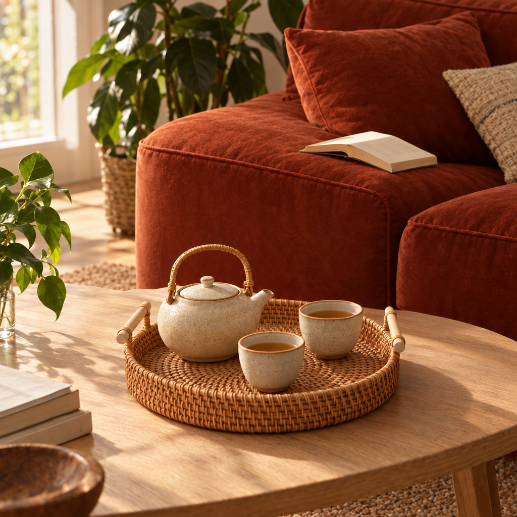 Plateau TOKO en rotin sur une table basse avec théière et tasses de thé
